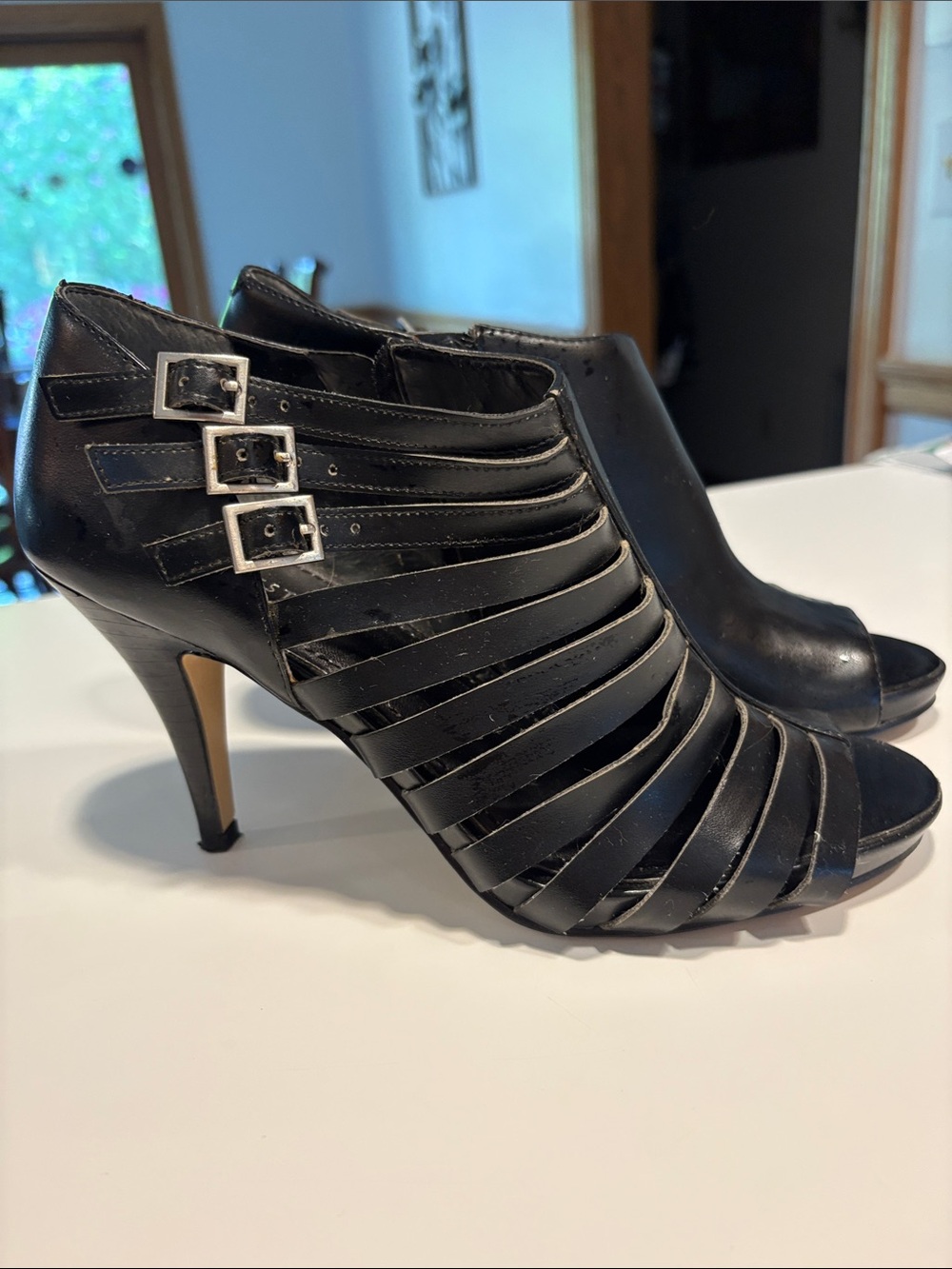 Nine West Black Strappy Peep-Toe Stiletto Booties